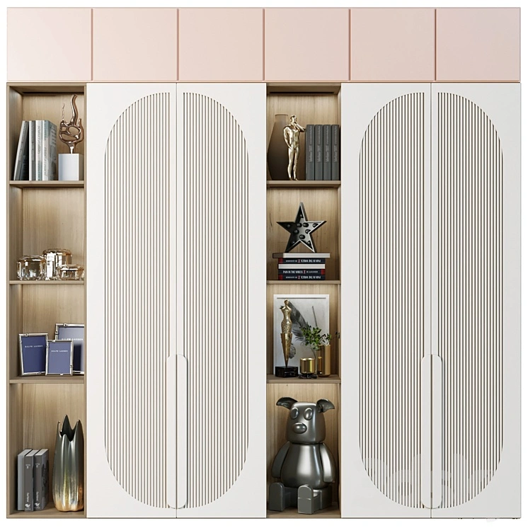 Wardrobe with decor, books and figurines in the nursery 
