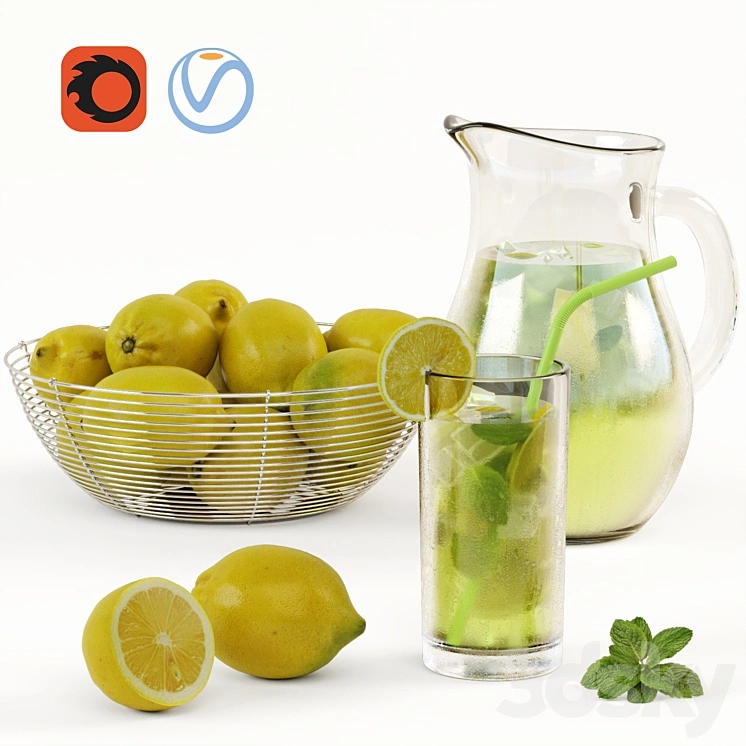 Lemonade and Bowl with Lemons 