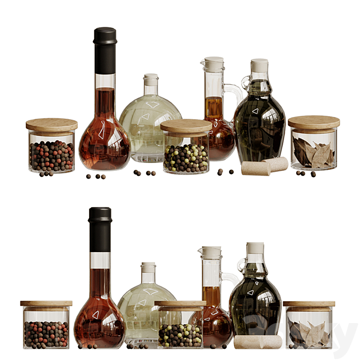 A SET OF KITCHEN JARS WITH OIL AND PEPPER 