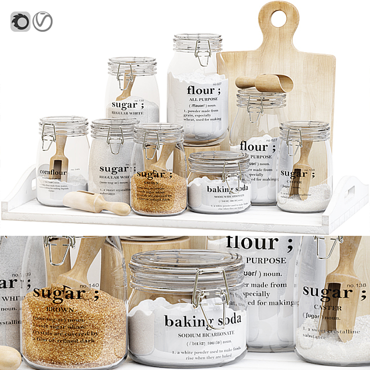 SET OF GLASS JARS FOR THE KITCHEN WITH SUGAR AND FLOUR 
