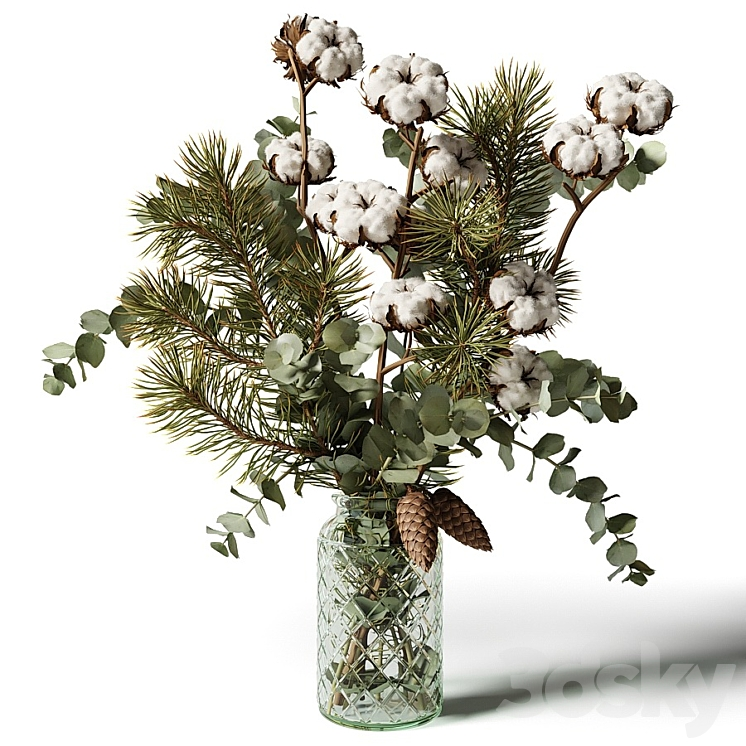 BOUQUET OF EUCALYPTUS PINE AND COTTON IN A GLASS VASE 