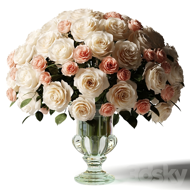 BOUQUET OF WHITE AND PINK ROSES IN A GLASS CLASSIC VASE 