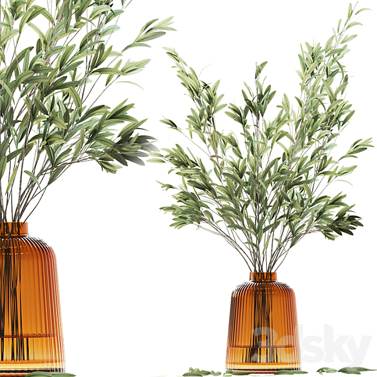 OLIVE STEMS IN YELLOW GLASS VASE WITH WATER 