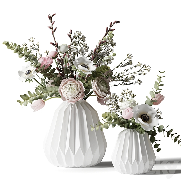 TWO BOUQUETS IN WHITE RIBBED VASES 
