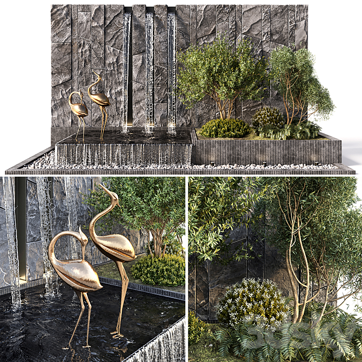 WATER FALLS WITH STONEWALL PLANTS BIRDS 