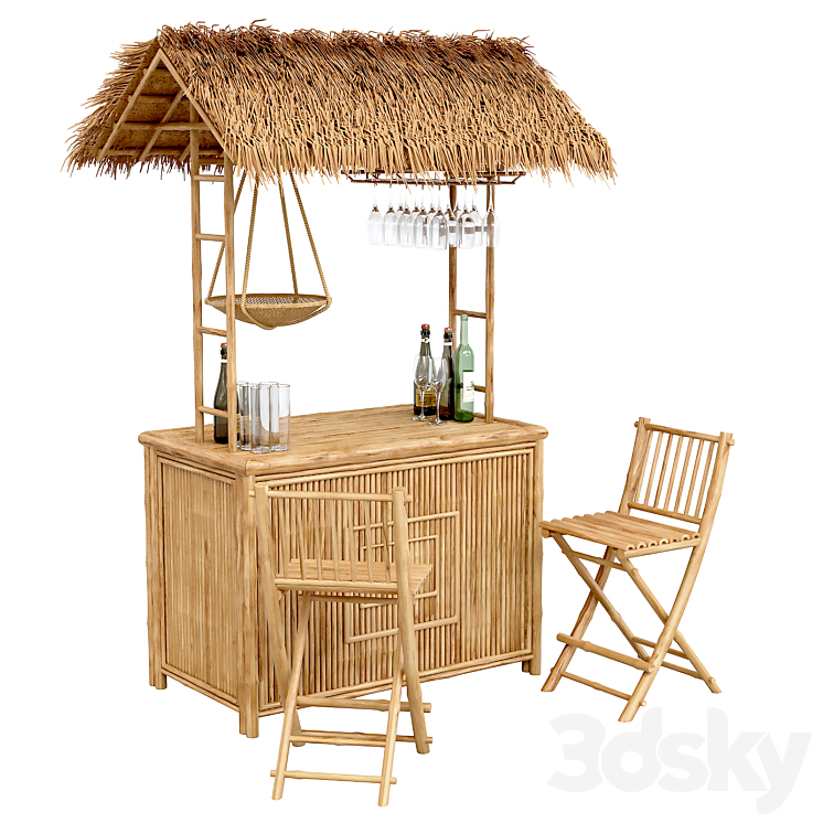 BEACH BAMBOO BAR WITH BOTTLES AND GLASSES 