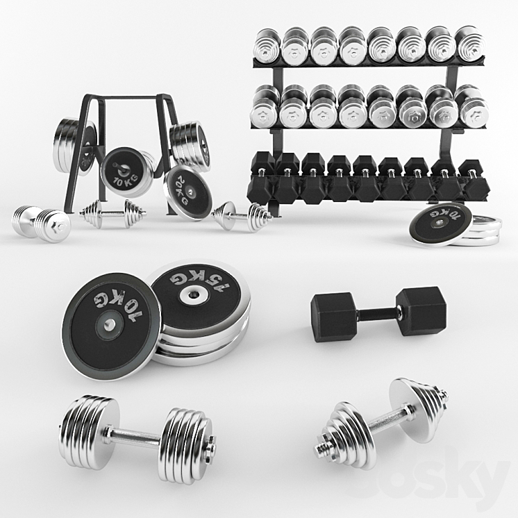 A SET OF SPORTS DUMBBELLS AND PANCAKES ON THE RACKS 