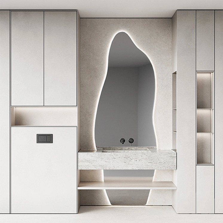 Bathroom furniture set 8. Monochrome grey. Curved mirror shape. Stone sink. Wall-mounted faucet. 