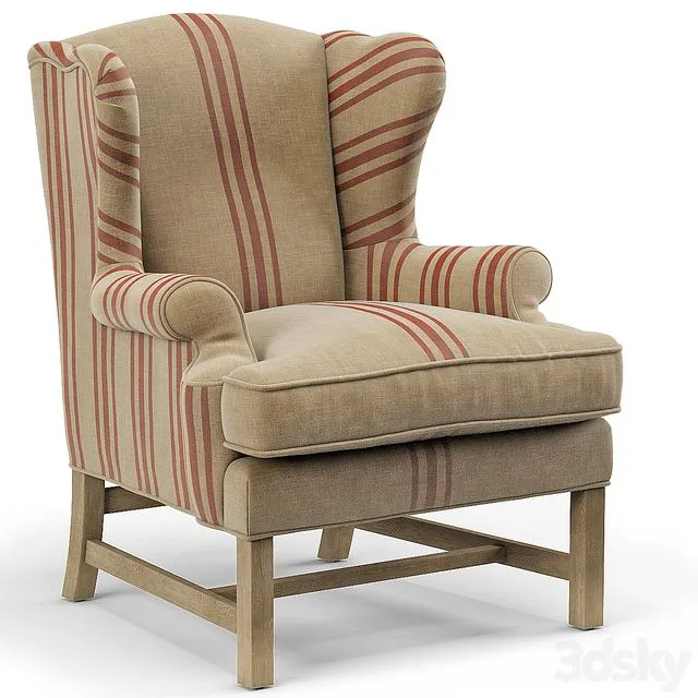 Khaki Linen English Club Chair with Red Stripe 