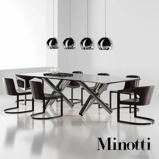 Minotti set, table chair metal glass 