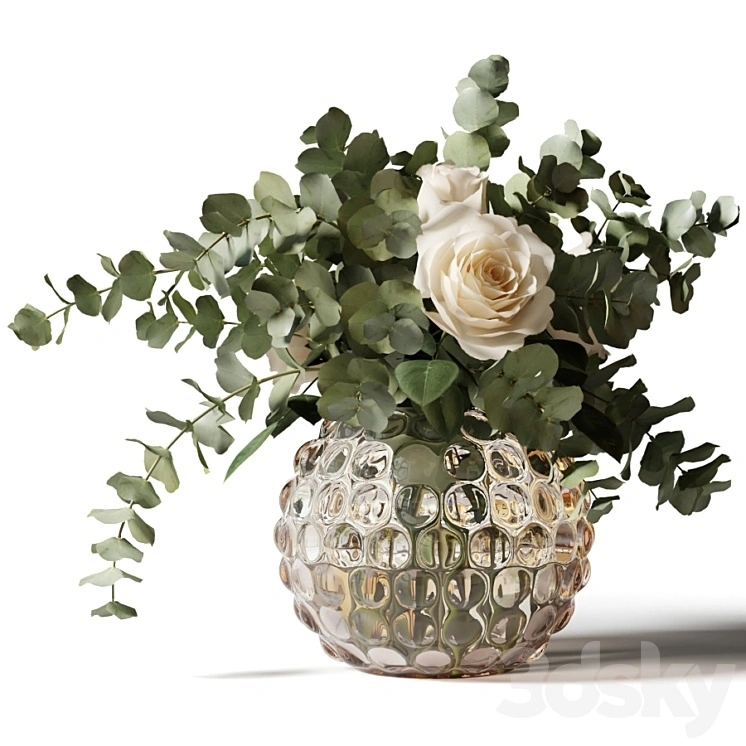 Bouquet of roses and eucalyptus in a glass pimpled vase 