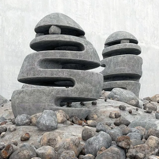 Blumenbeet Stone light flowerbed with stone lamps 