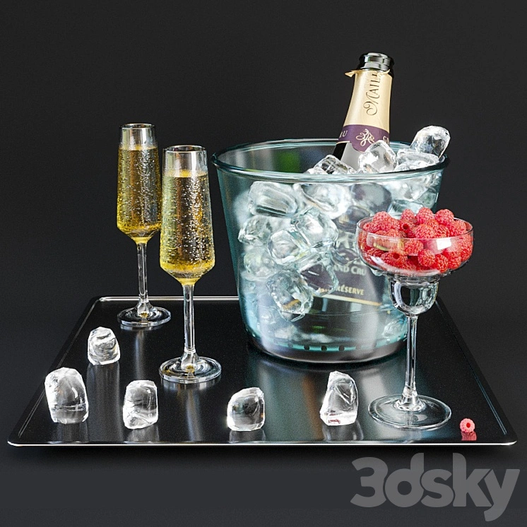 A bottle of champagne on a tray with ice and raspberries. 