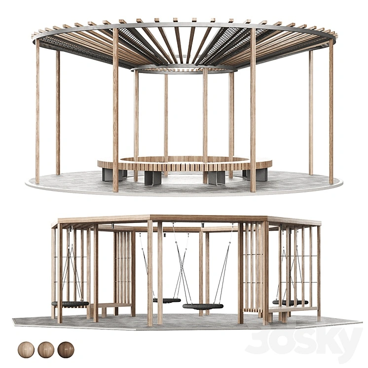 Set of pergolas (gazebos, canopies) with swings, benches 