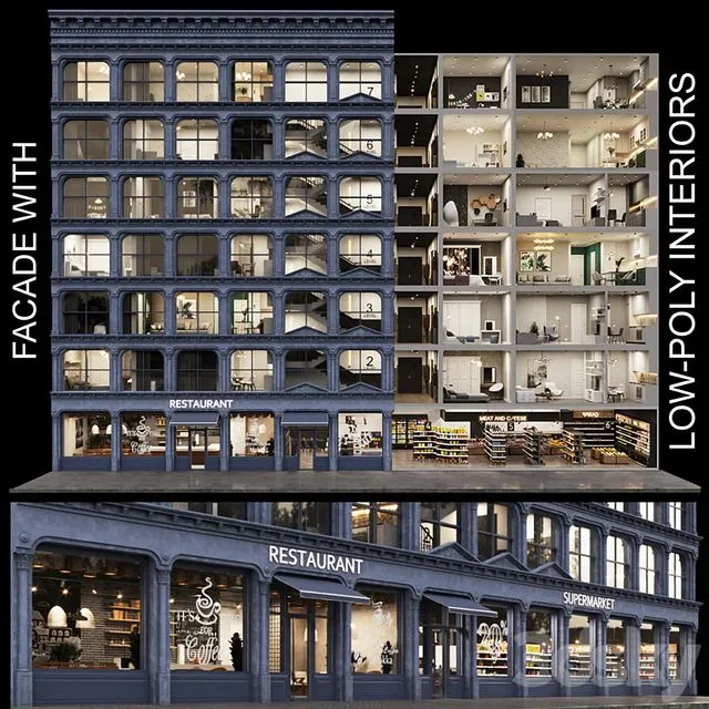 Facade with 20 residential and public low-poly interiors 