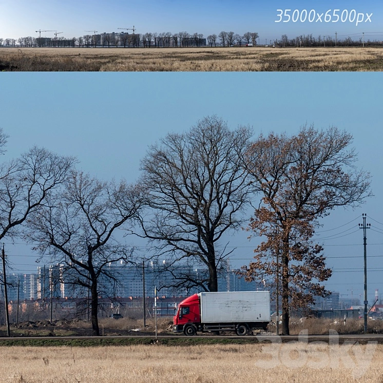 Countryside panorama of new buildings and trees 