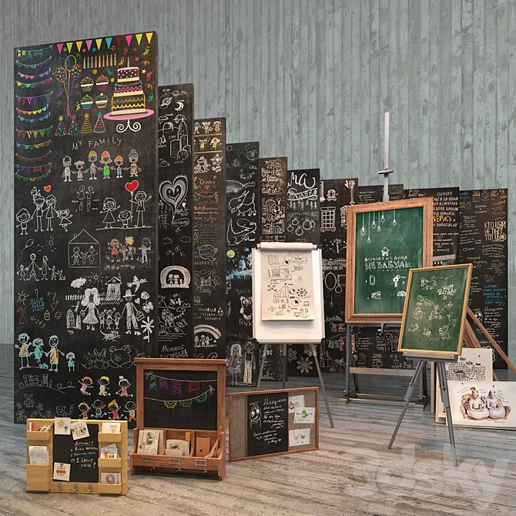 A set for creating slate surfaces with images of chalk 