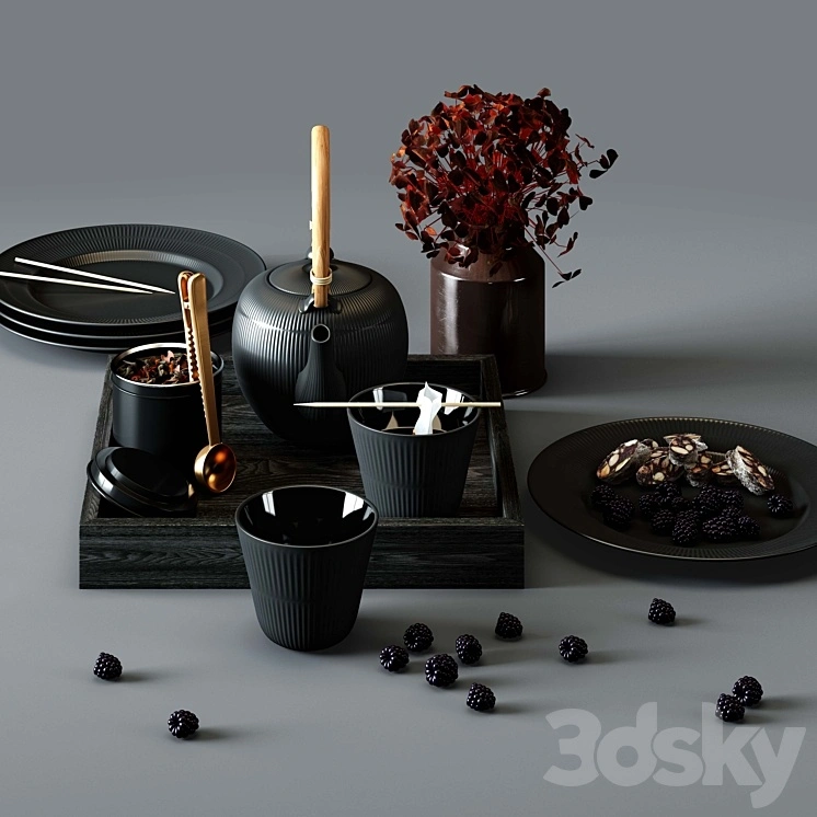 BLACK FLUTED set - thermal teapot, plates and cups 