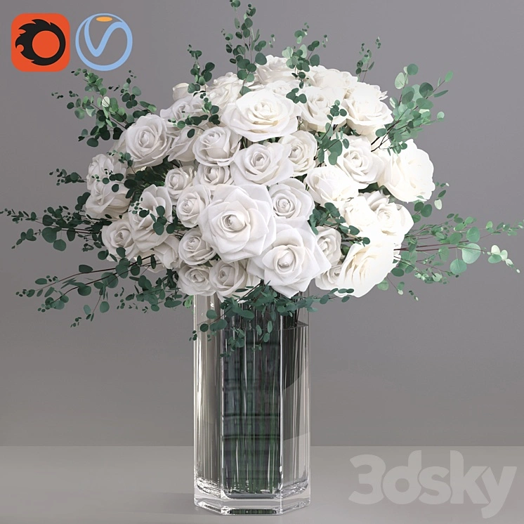 Eucalyptus ecuador white roses big glass event vase 