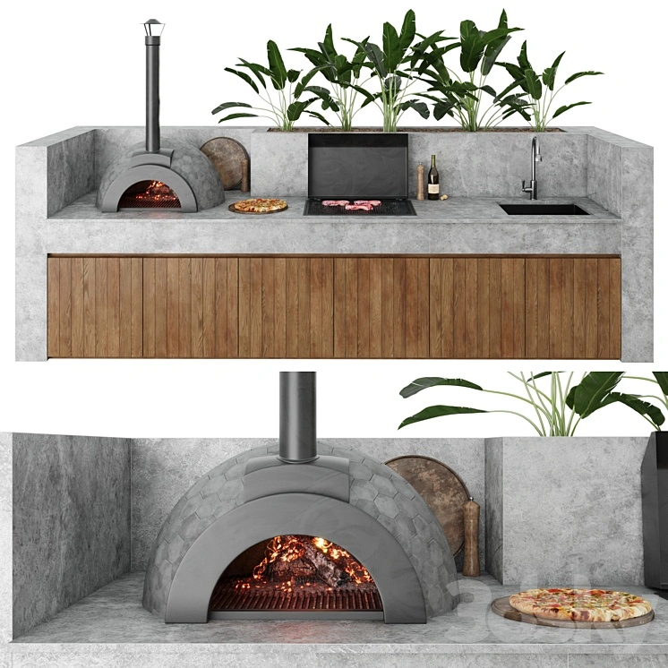 Outdoor kitchen with barbecue and pizza oven 