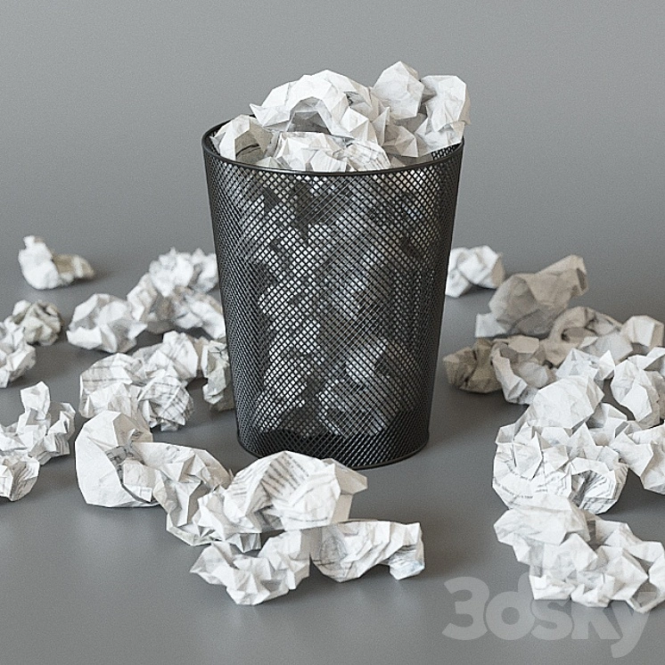 A trash can with papers 