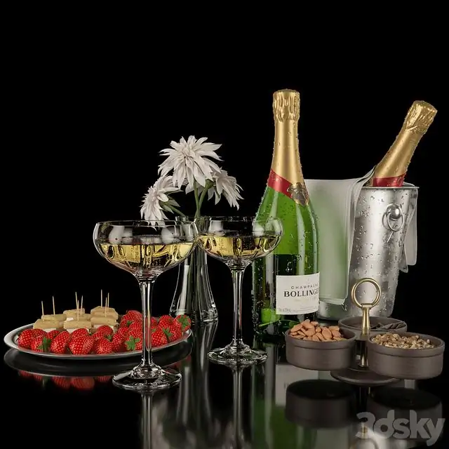 Kitchen decoration, champagne and strawberries 