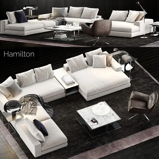 Minotti Hamilton Sofa with table, armchair, lamp, decor 